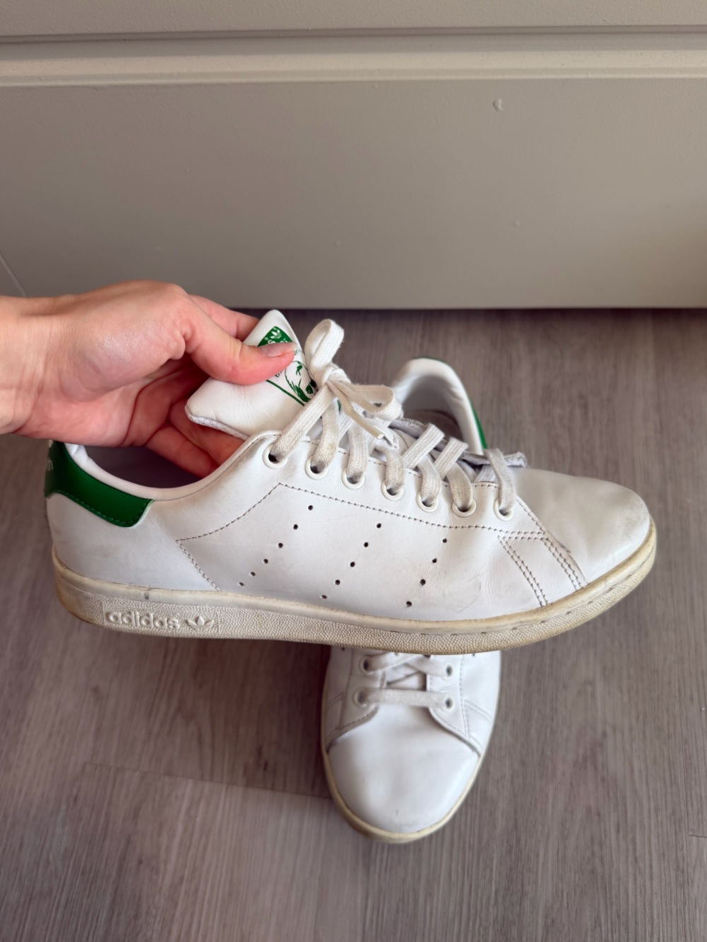 adidas White Leather Stan Smith Sneakers with Green Heel Tab
